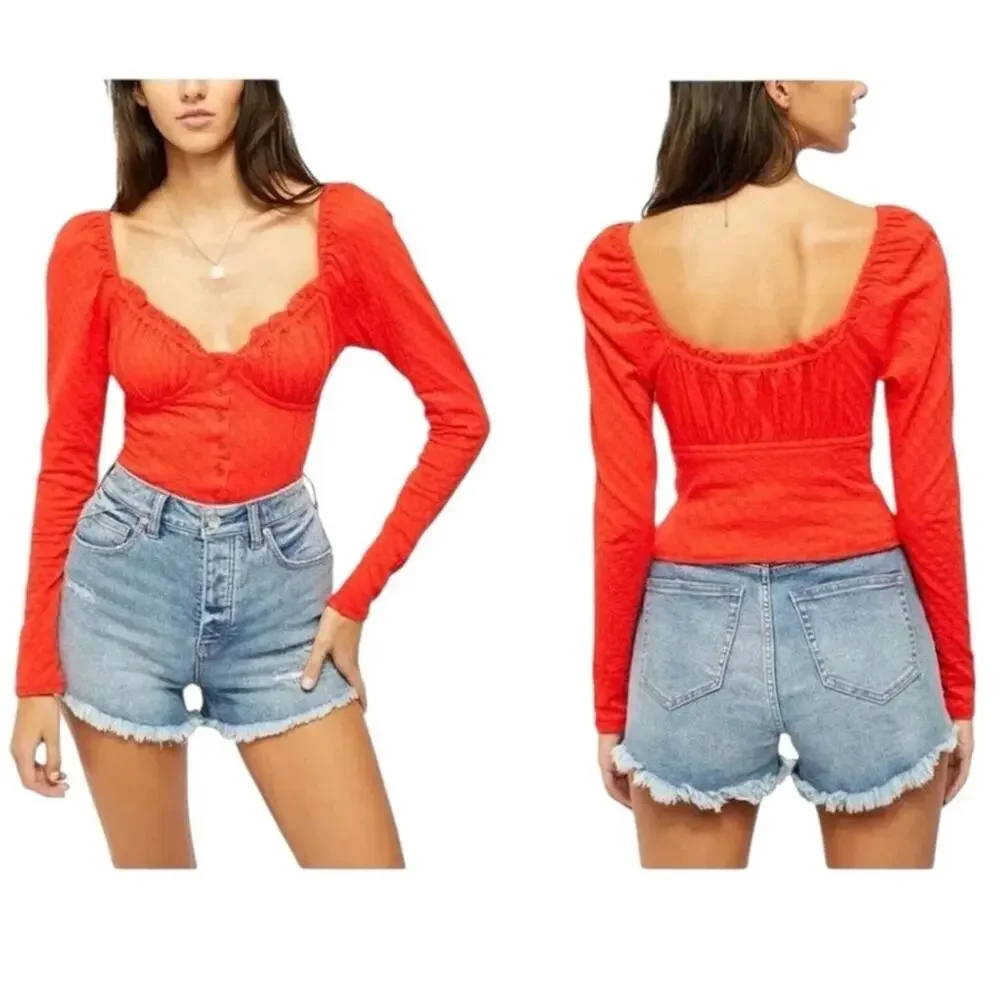 Free People Ladybug Long Sleeve Boho Top S Flambe‎ Red Cropped Puff slv Milkmaid